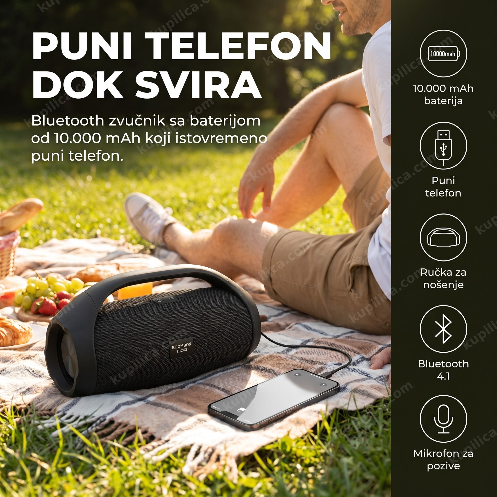 Prenosivi Bluetooth zvučnik BOOMBOX B1202 sa power bank baterijom na pikniku