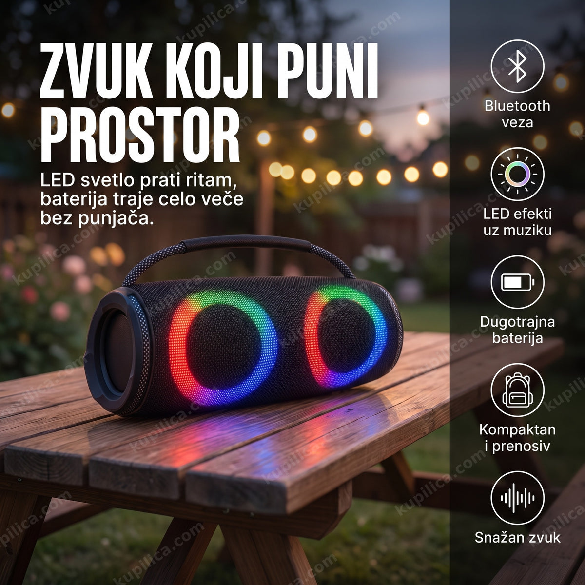 bluetooth zvučnik sa RGB LED efektima Charge 7S osvetljen u mraku