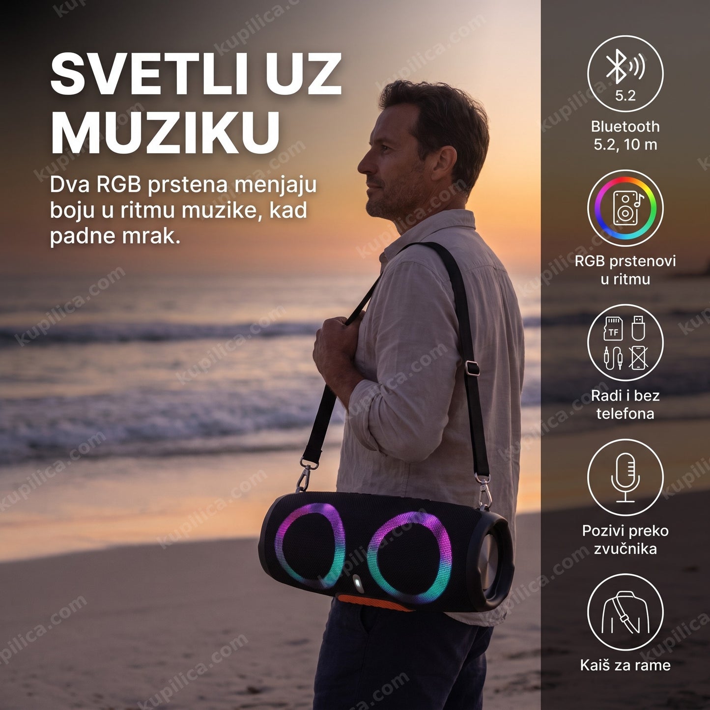 bluetooth zvučnik sa rgb svetlima — odrasla osoba na plaži sa zvučnikom obešenim o rame, svetla u ritmu muzike