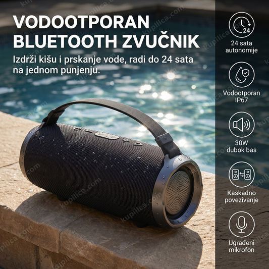 Vodootporan bluetooth zvučnik pored bazena sa kapljicama vode, prikaz benefita proizvoda
