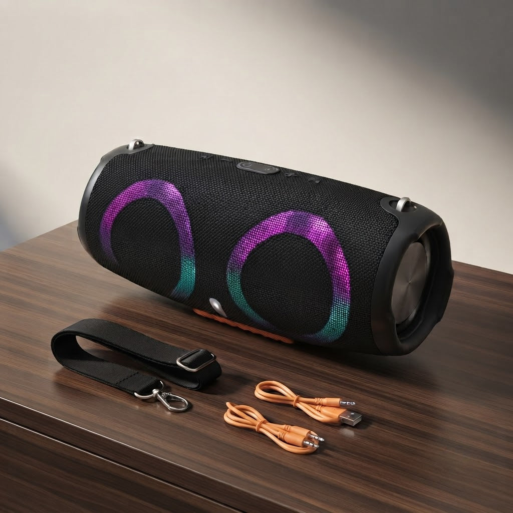 bluetooth zvučnik Xtreem 2+ na stolu sa upaljenim RGB prstenovima, kaišem i kablovima