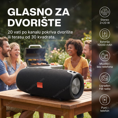 bluetooth zvučnik za dvorište — odrasli na roštilju u dvorištu, glasan zvučnik na stolu