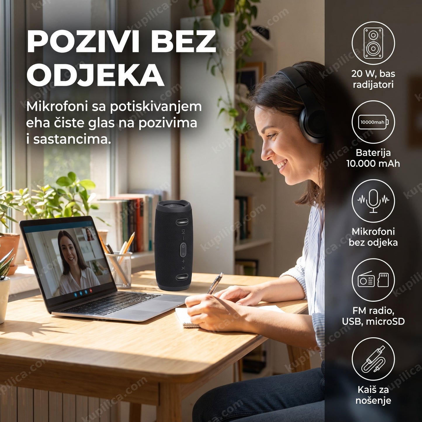bluetooth zvučnik za pozive — odrasla osoba radi od kuće, zvučnik sa kaišem na stolu tokom video poziva