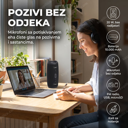 bluetooth zvučnik za pozive — odrasla osoba radi od kuće, zvučnik sa kaišem na stolu tokom video poziva