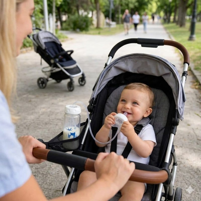 beba u kolicima samostalno pije mleko iz bočice sa dugom cevčicom