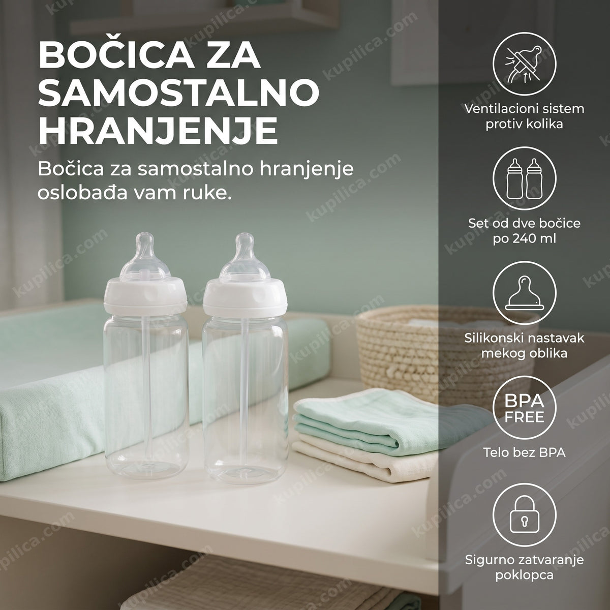 Dve bočice za samostalno hranjenje na sterilnoj polici, benefiti proizvoda