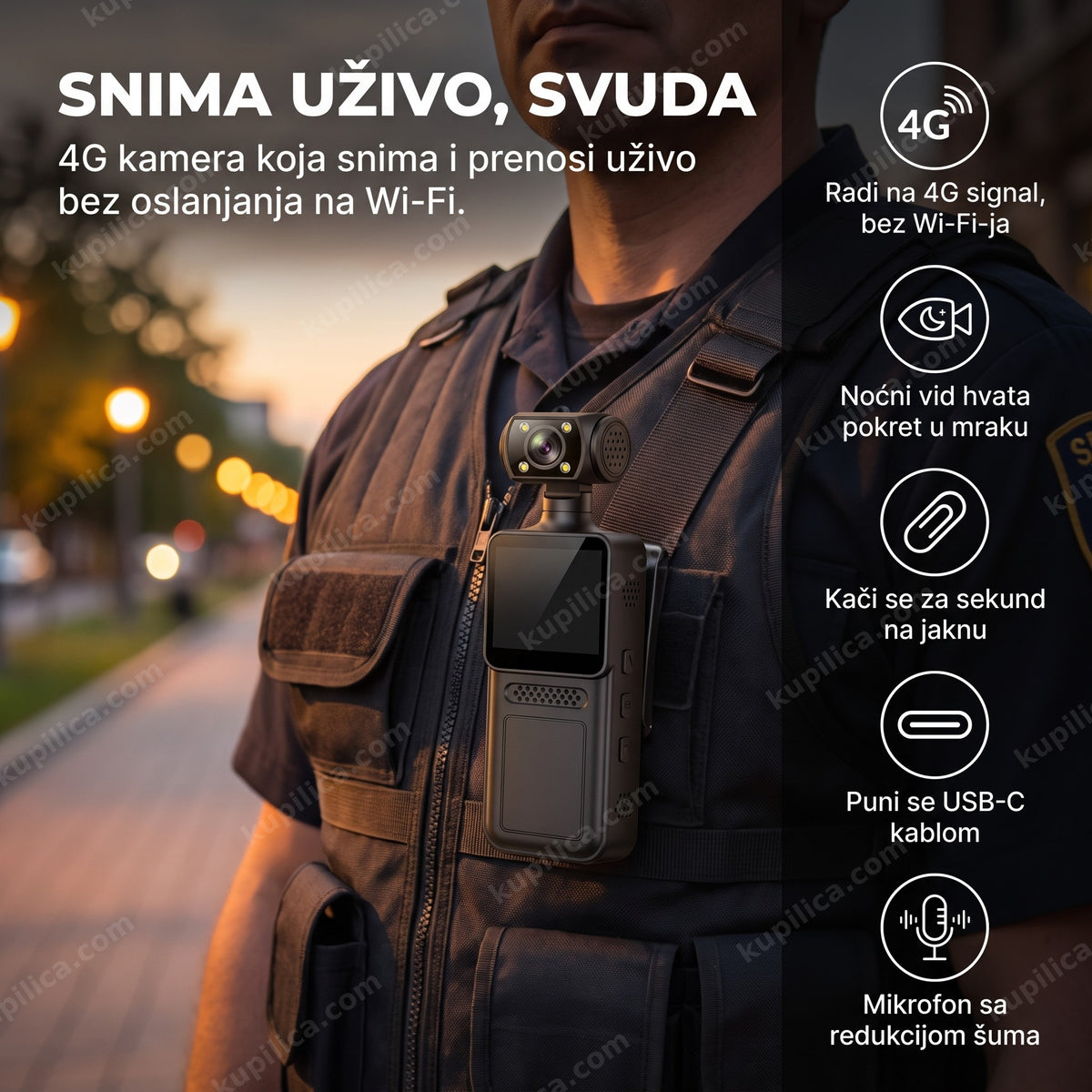 body cam 4g akciona kamera na prsluku obezbeđenja tokom noćne patrole — benefiti proizvoda