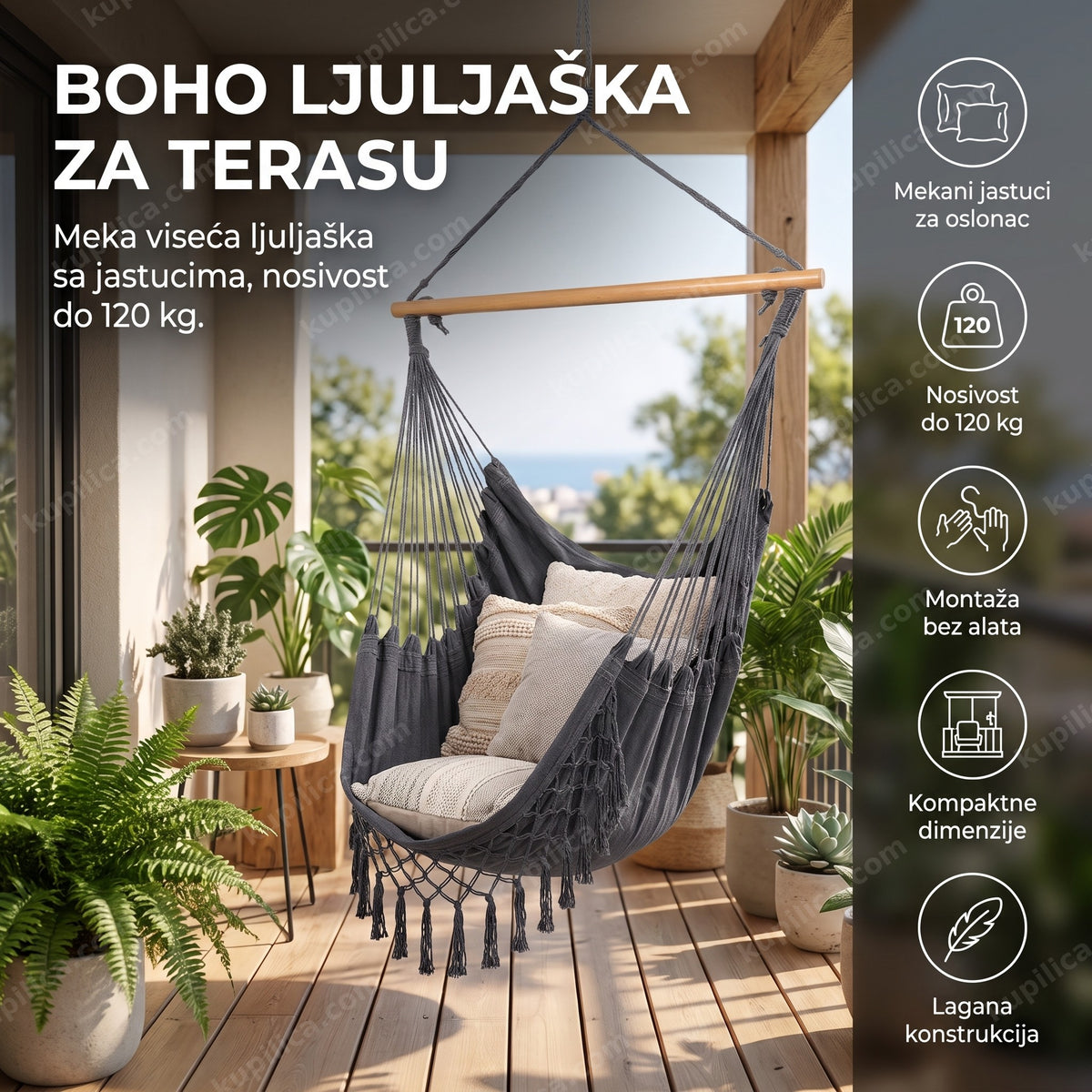 boho viseća ljuljaška sa jastucima okačena na terasi sa biljkama, benefiti proizvoda