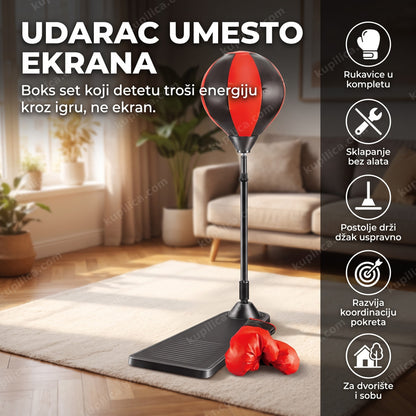 crno-crveni boks set za decu sa rukavicama i džakom na postolju