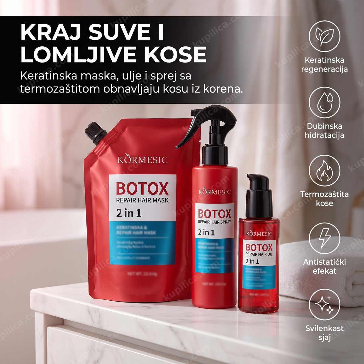 botox set za kosu 3u1 — maska, sprej i ulje na kupatilskoj polici