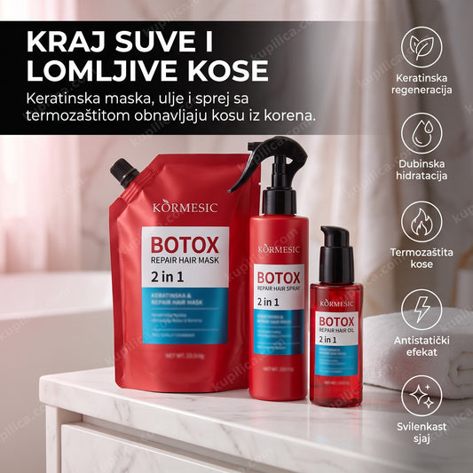 botox set za kosu 3u1 — maska, sprej i ulje na kupatilskoj polici