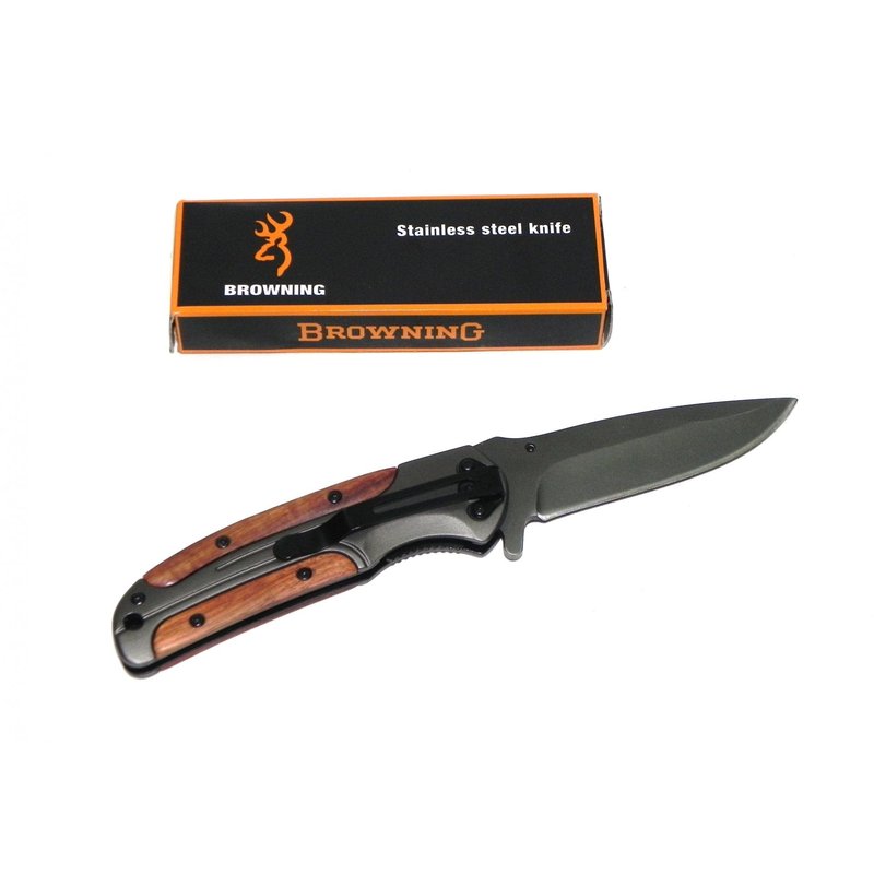 Brawning sklopivi lovački nož pored kutije sa natpisom browning stainless steel knife