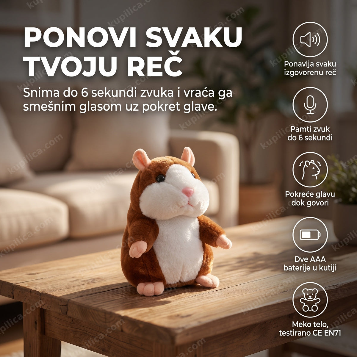 brbljivi hrčak plišana igračka na stolu u dnevnoj sobi, benefiti proizvoda