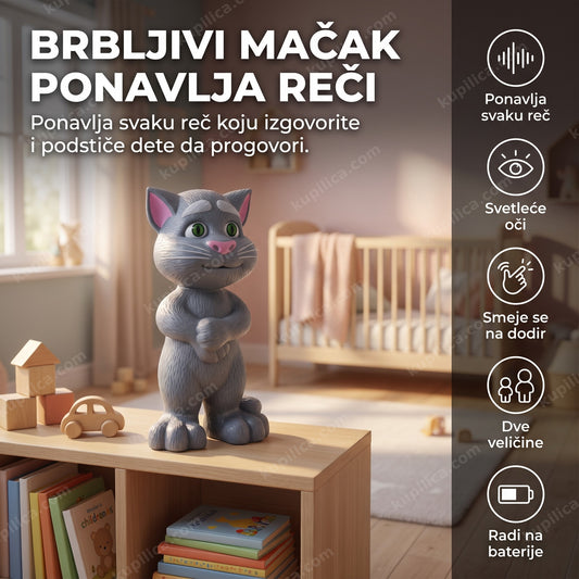 Siva plišana igračka brbljivi mačak na polici u dečjoj sobi