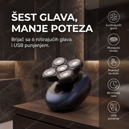 Muška ruka drži brijač sa 6 rotirajućih glava pored vilice, benefiti proizvoda