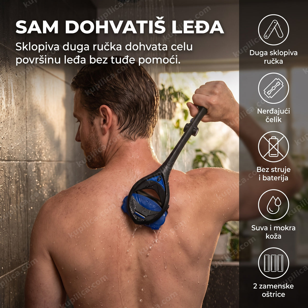 brijač za leđa sa dugom ručkom u upotrebi pod tušem, benefiti proizvoda