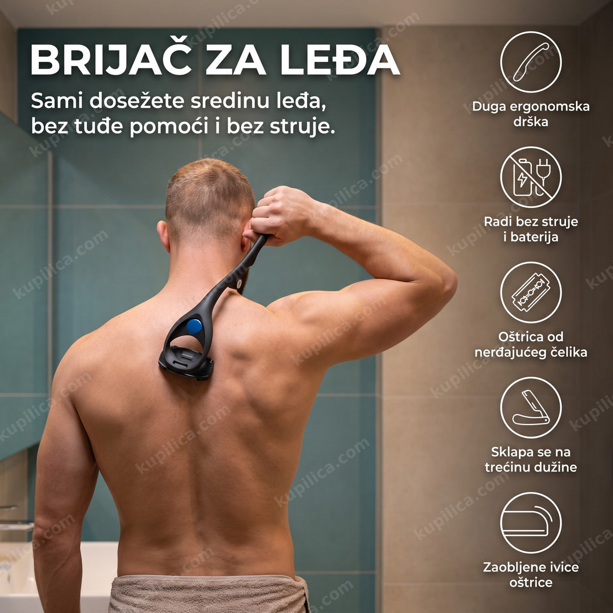 Muškarac iz leđa koristi brijač za leđa u kupatilu, benefiti proizvoda