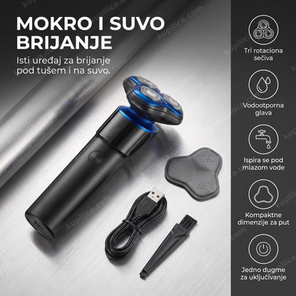 crni brijač za mokro i suvo brijanje sa tri rotaciona sečiva