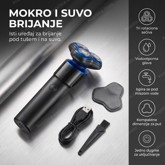 crni brijač za mokro i suvo brijanje sa tri rotaciona sečiva