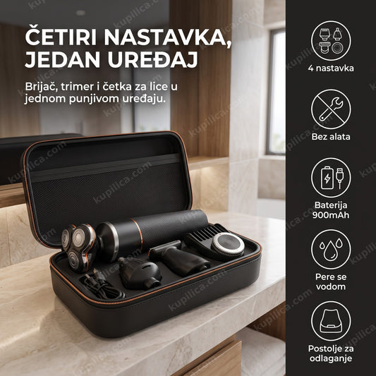 Muški neseser otvoren sa brijačem i nastavcima za negu lica, benefiti proizvoda