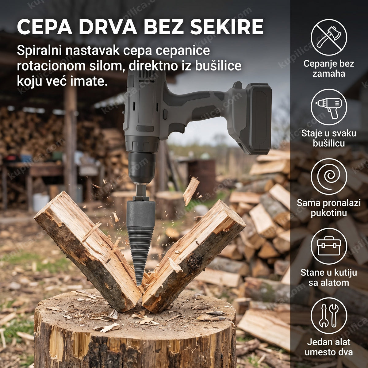 Metalna burgija za cepanje drva razdvaja cepanicu na panju, benefiti proizvoda
