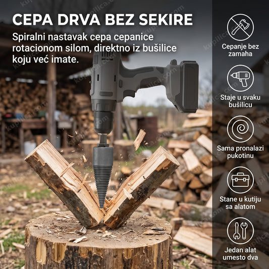Metalna burgija za cepanje drva razdvaja cepanicu na panju, benefiti proizvoda