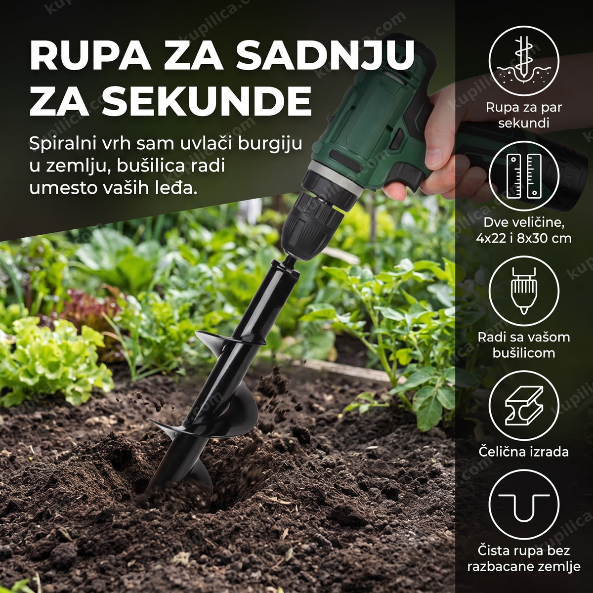 burgija za kopanje rupa u zemlji pričvršćena na bušilicu u bašti, benefiti proizvoda