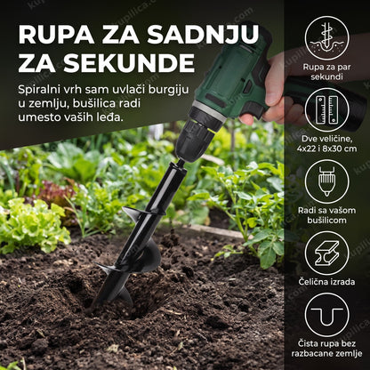 burgija za kopanje rupa u zemlji pričvršćena na bušilicu u bašti, benefiti proizvoda