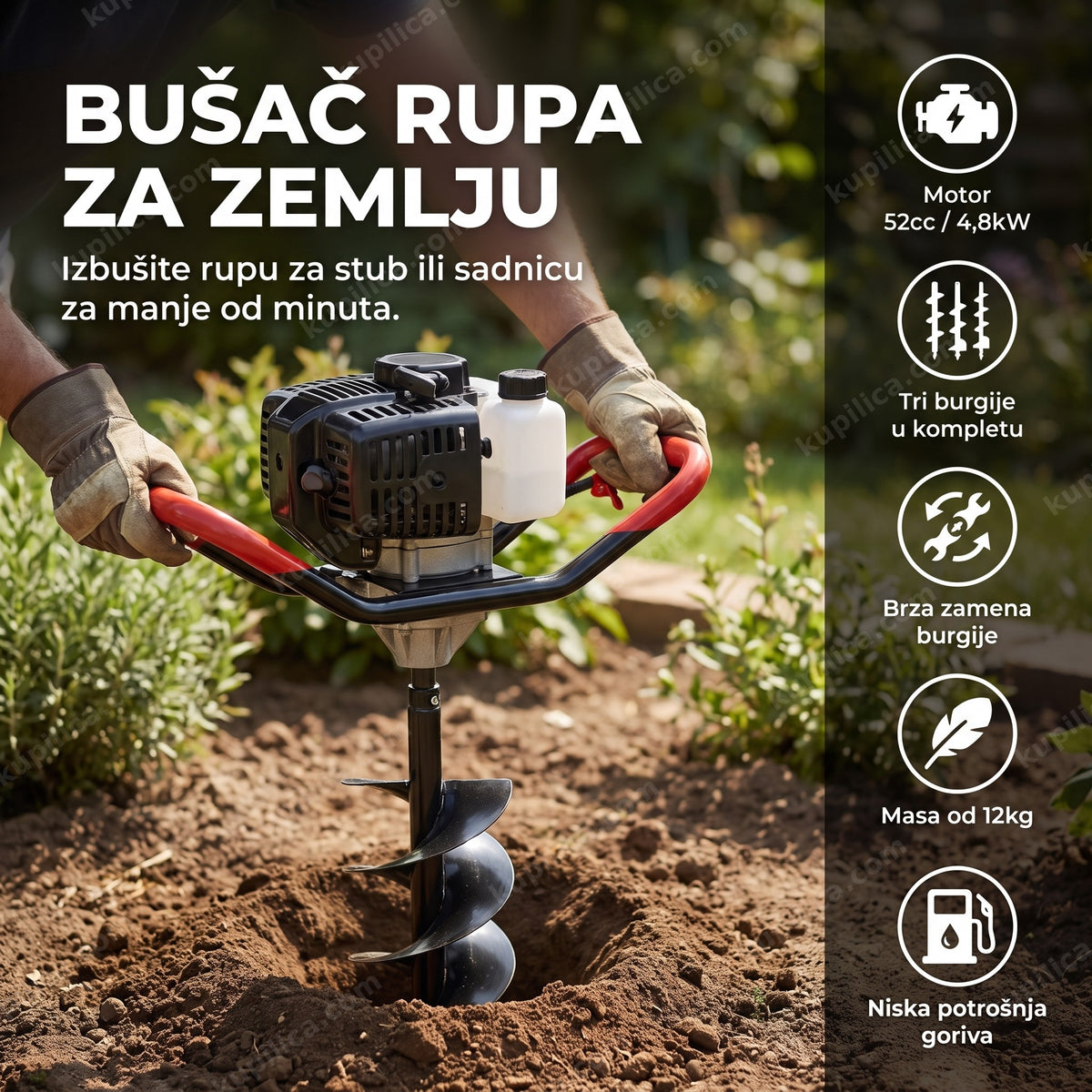 Bušač rupa za zemlju u bašti, ruke sa rukavicama drže motornu glavu