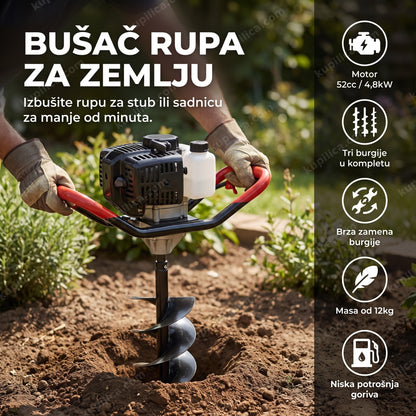 Bušač rupa za zemlju u bašti, ruke sa rukavicama drže motornu glavu
