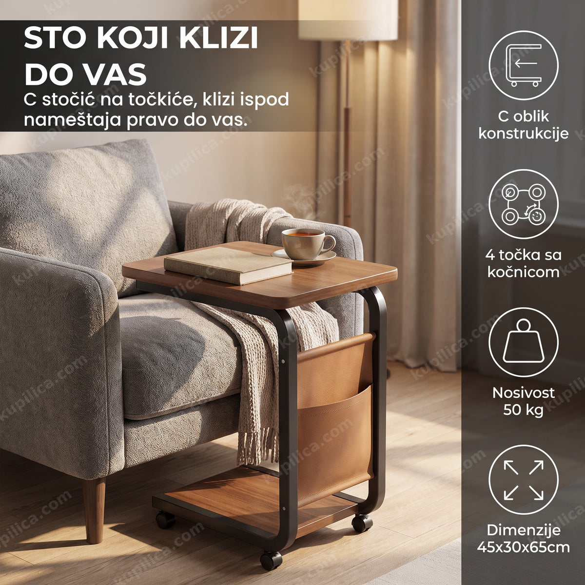 c stočić na točkiće pored fotelje sa knjigom i šoljom čaja, benefiti proizvoda