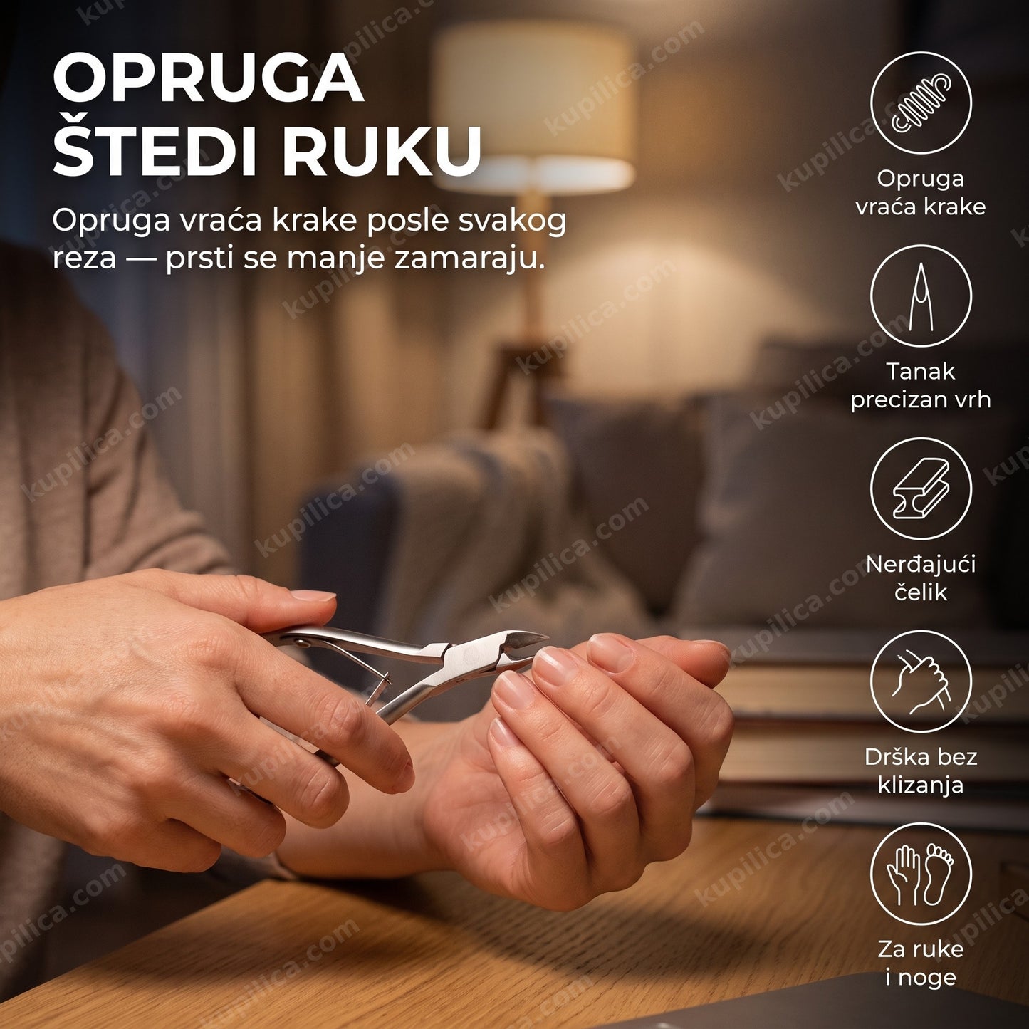 cangle za zanoktice sa oprugom — žena radi manikir uveče kod kuće, benefiti proizvoda