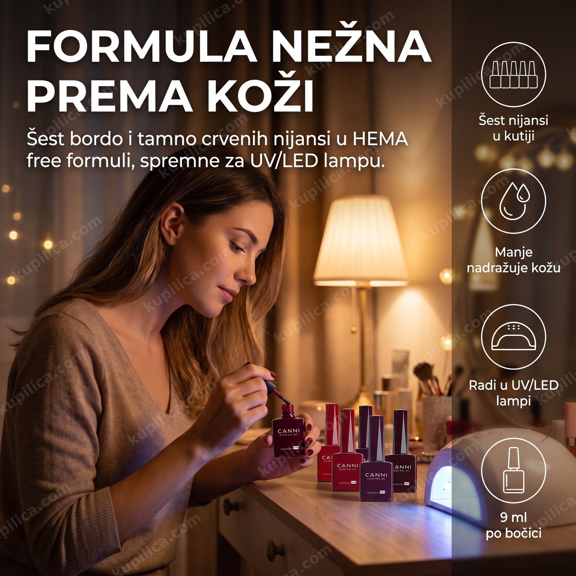 canni gel lak bordo — žena nanosi gel lak kod kuće uz UV/LED lampu, šest nijansi u kutiji, manje nadražuje kožu, 9 ml po bočici