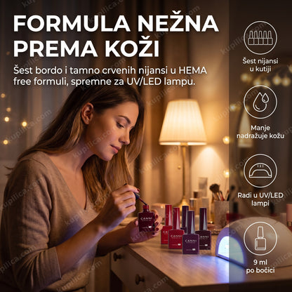 canni gel lak bordo — žena nanosi gel lak kod kuće uz UV/LED lampu, šest nijansi u kutiji, manje nadražuje kožu, 9 ml po bočici