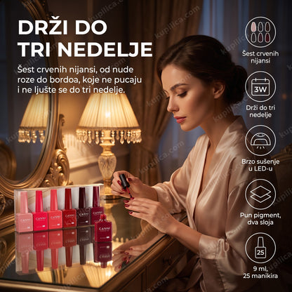 canni gel lak crveni — žena se sprema za izlazak i nanosi crveni gel lak, šest crvenih nijansi, drži do tri nedelje, pun pigment