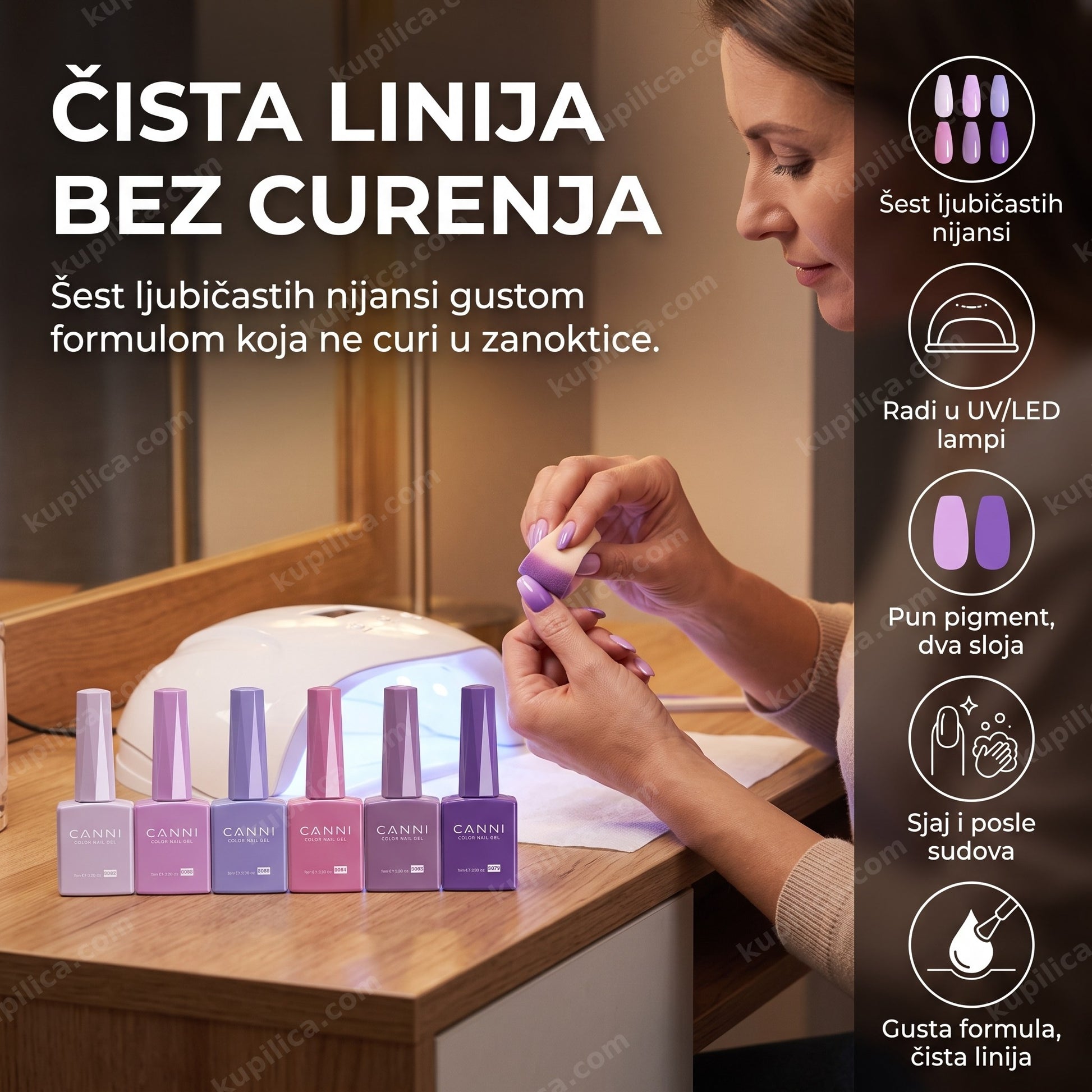 canni gel lak ljubičasti — žena pravi ombre manikir sa ljubičastim gel lakom, šest ljubičastih nijansi, pun pigment iz dva sloja, gusta formula