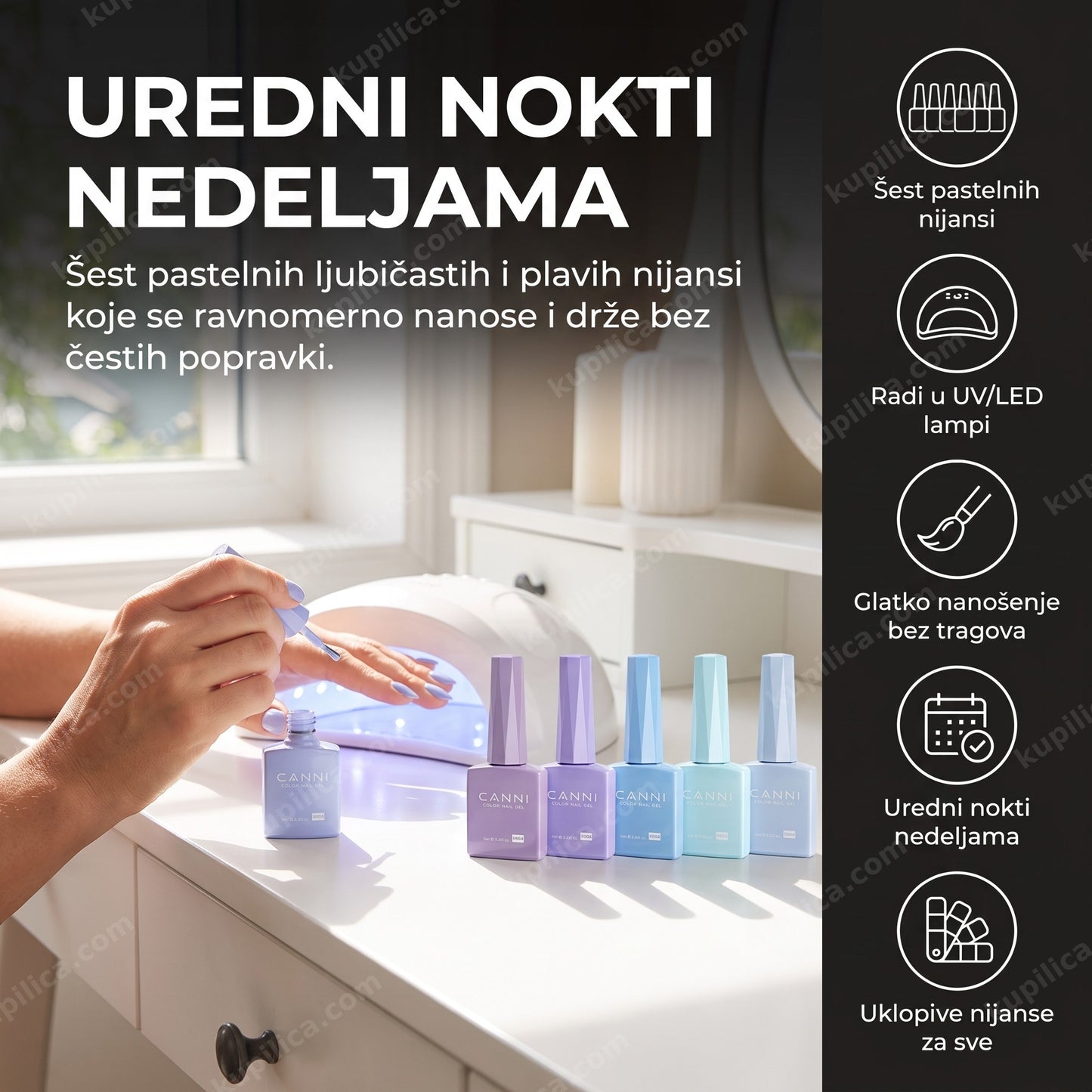 canni gel lak pastelni — žena nanosi pastelni ljubičasto-plavi gel lak kod kuće, šest pastelnih nijansi, glatko nanošenje, uredni nokti nedeljama