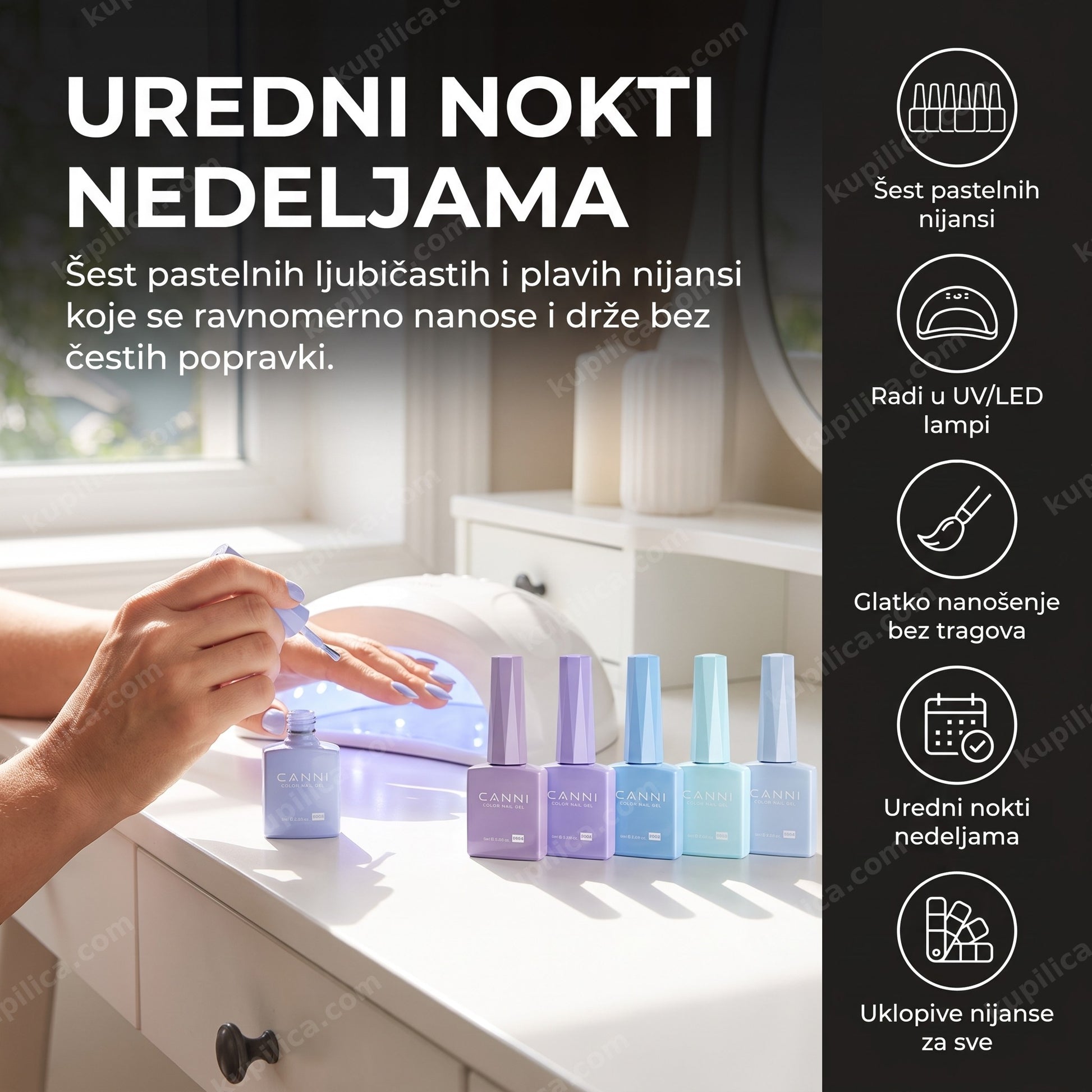canni gel lak pastelni — žena nanosi pastelni ljubičasto-plavi gel lak kod kuće, šest pastelnih nijansi, glatko nanošenje, uredni nokti nedeljama