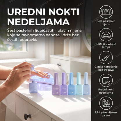 canni gel lak pastelni — žena nanosi pastelni ljubičasto-plavi gel lak kod kuće, šest pastelnih nijansi, glatko nanošenje, uredni nokti nedeljama