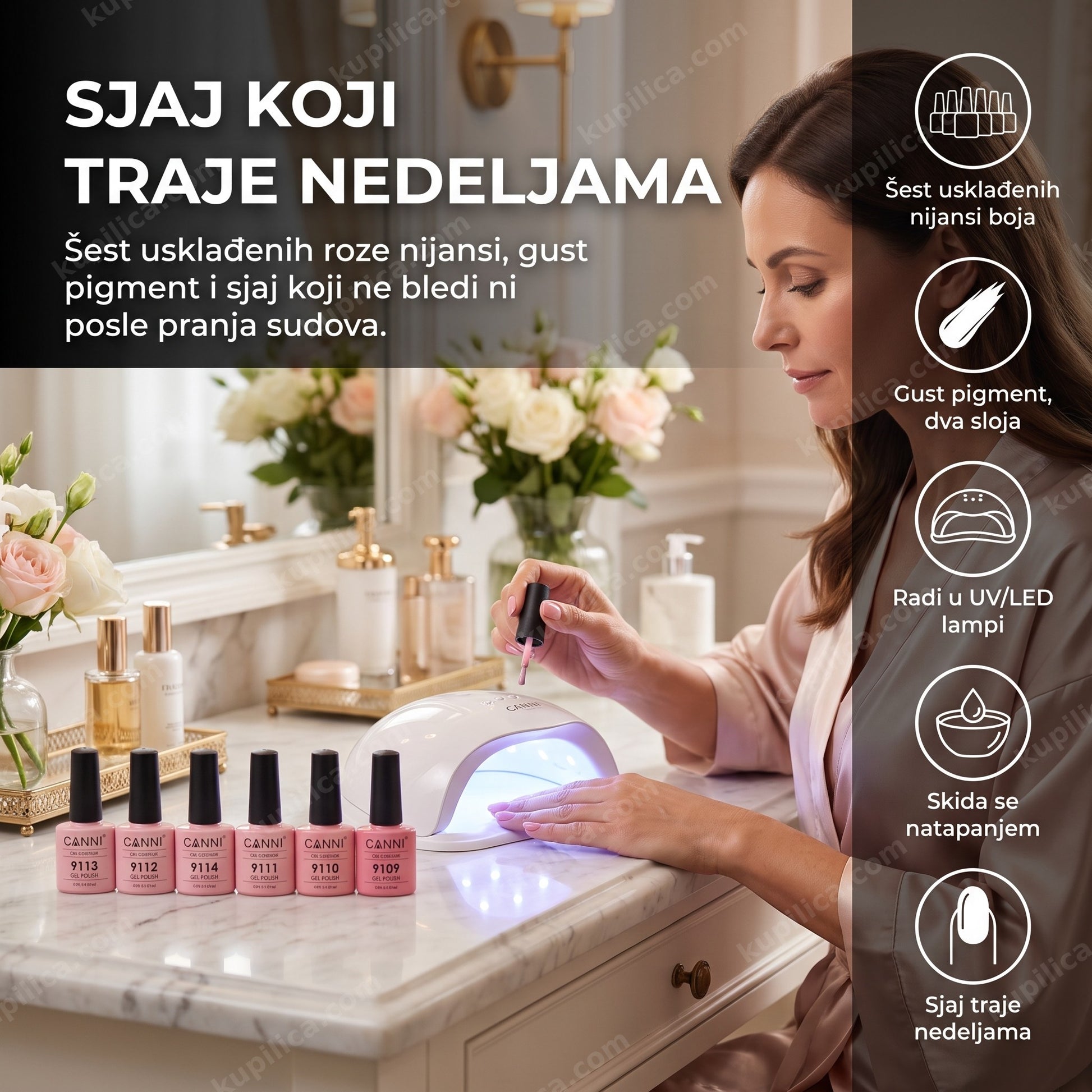 canni gel lak roze — žena nanosi roze gel lak kod kuće uz UV/LED lampu, šest usklađenih nijansi, gust pigment, sjaj traje nedeljama