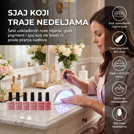 canni gel lak roze — žena nanosi roze gel lak kod kuće uz UV/LED lampu, šest usklađenih nijansi, gust pigment, sjaj traje nedeljama