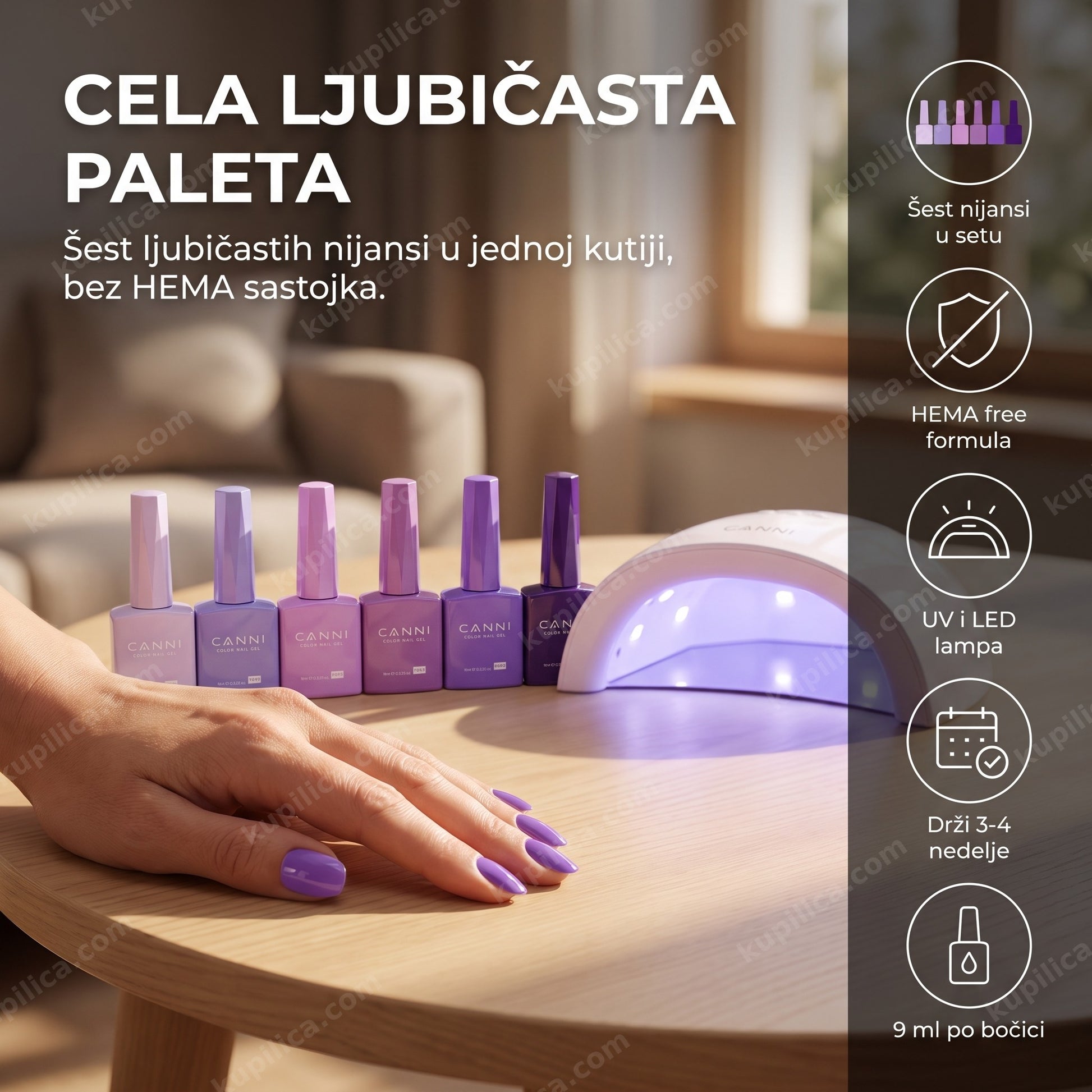 canni gel lak set 2308 ljubičasti — ruka sa ljubičastim gel lak manikirom i šest CANNI bočica pored LED lampe, šest nijansi u setu, hema free formula, uv i led lampa