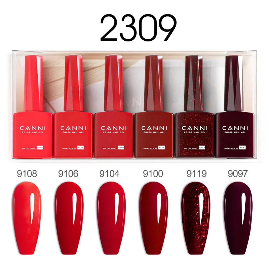 CANNI gel lak set 2309 — šest bočica crvenih gel lakova u kutiji