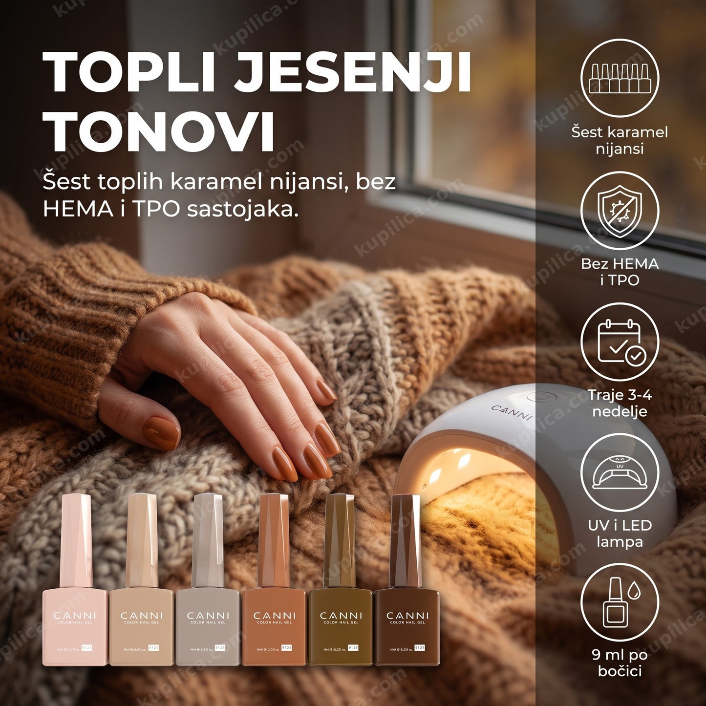 canni gel lak set 2310 karamela — ruka sa karamel gel lak manikirom i šest CANNI bočica pored LED lampe, šest karamel nijansi, bez hema i tpo, traje 3-4 nedelje