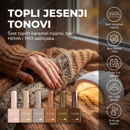 canni gel lak set 2310 karamela — ruka sa karamel gel lak manikirom i šest CANNI bočica pored LED lampe, šest karamel nijansi, bez hema i tpo, traje 3-4 nedelje
