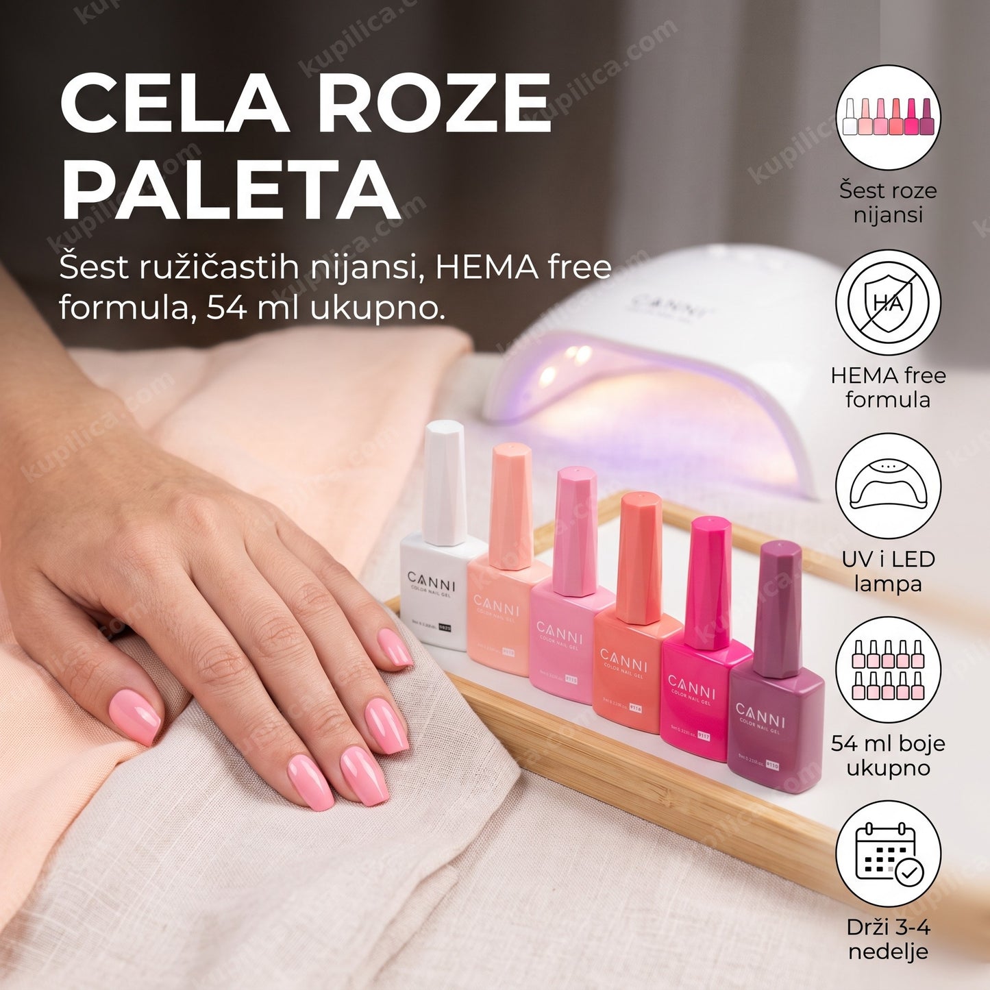canni gel lak set 2311 ružičasti — ruka sa roze gel lak manikirom i šest CANNI bočica pored LED lampe, šest roze nijansi, hema free formula, uv i led lampa