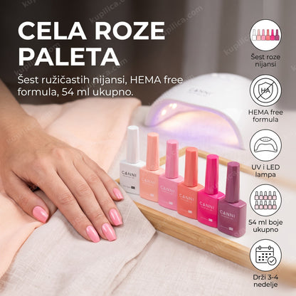 canni gel lak set 2311 ružičasti — ruka sa roze gel lak manikirom i šest CANNI bočica pored LED lampe, šest roze nijansi, hema free formula, uv i led lampa