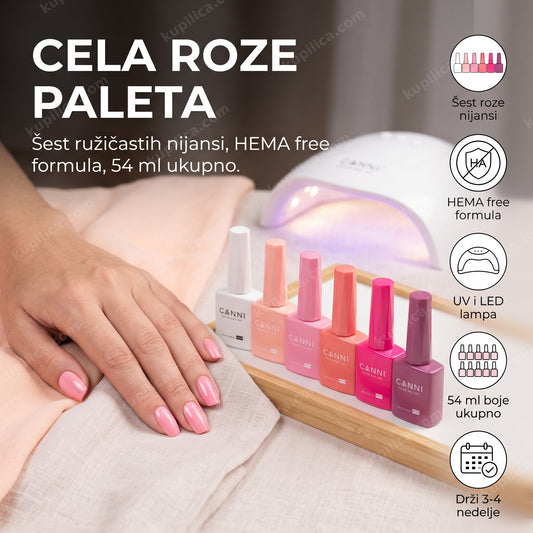 canni gel lak set 2311 ružičasti — ruka sa roze gel lak manikirom i šest CANNI bočica pored LED lampe, šest roze nijansi, hema free formula, uv i led lampa