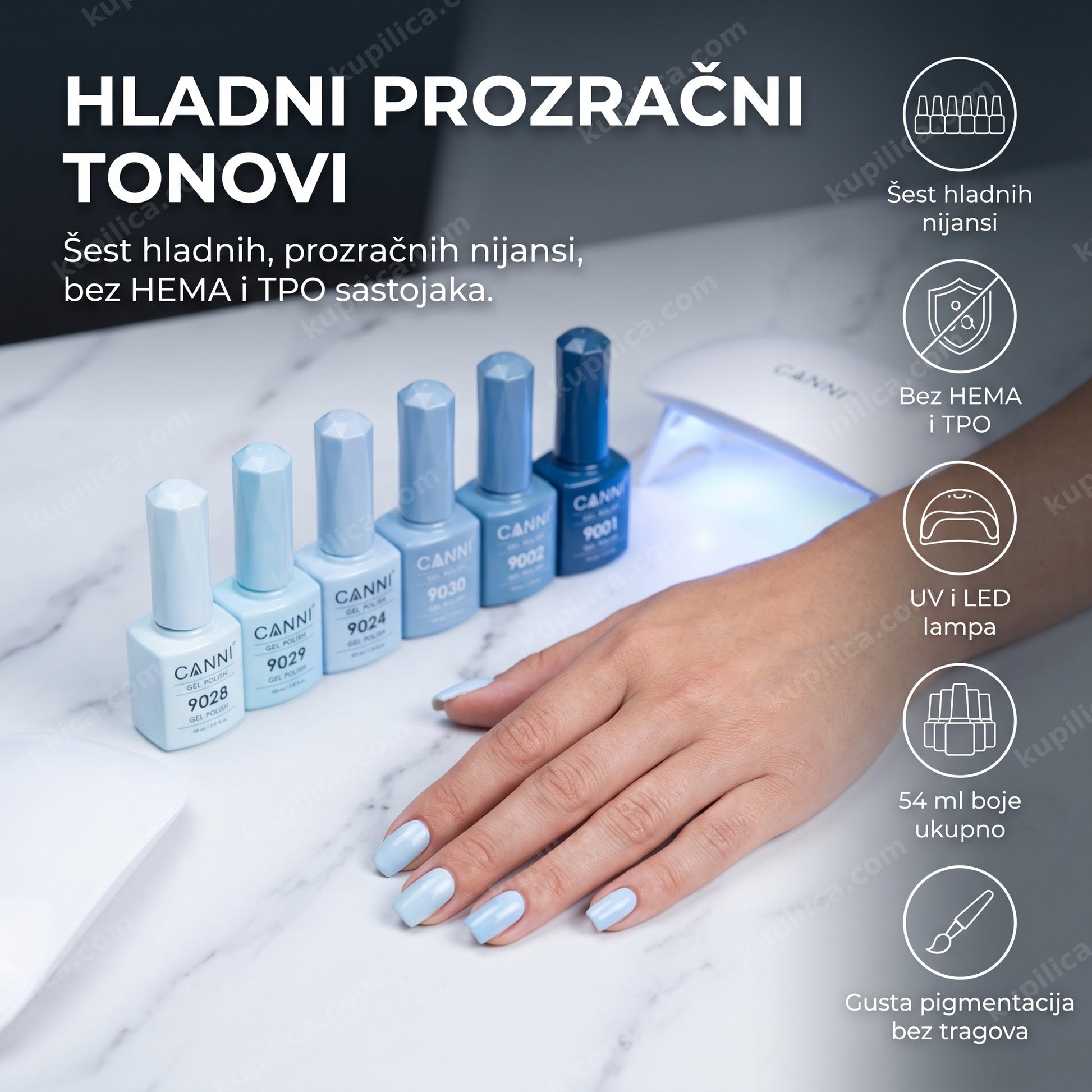 canni gel lak set 2313 kristalno plavi — ruka sa hladno plavim gel lak manikirom i šest CANNI bočica pored LED lampe, šest hladnih nijansi, bez hema i tpo, uv i led lampa