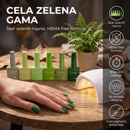 canni gel lak set 2314 zeleni — ruka sa zelenim gel lak manikirom i šest CANNI bočica pored LED lampe, šest zelenih nijansi, hema free formula, brzo led sušenje